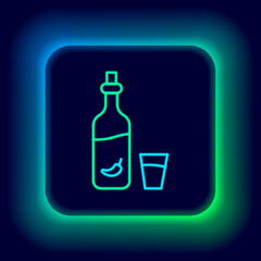 Glowing neon line Vodka with pepper and glass icon isolated on black background. Ukrainian national alcohol. Colorful outline concept. Vector