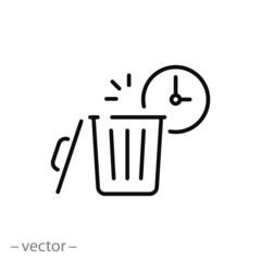 trash bin with clock, icon, recycle time, hour cleaning, waste, thin line symbol on white background - editable stroke vector eps10