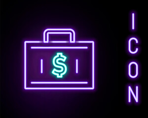 Glowing neon line Briefcase and money icon isolated on black background. Business case sign. Business portfolio. Financial management. Colorful outline concept. Vector