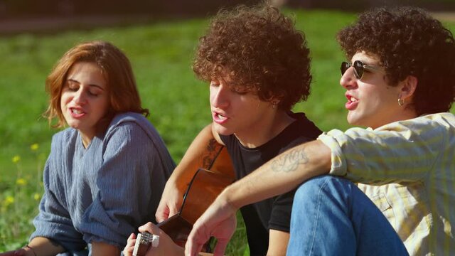 sing together - young friends sitting on the lawn at park sing together