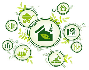 Eco friendly home construction vector illustration. Concept with icons related to environmentally sustainable house building including solar energy, green ecological building design & architecture.