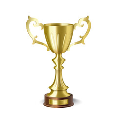 Golden trophy cup. Champion prize for first place in competition, shiny gold goblet sport award
