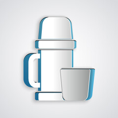 Paper cut Thermos container and cup icon isolated on grey background. Thermo flask icon. Camping and hiking equipment. Paper art style. Vector Illustration