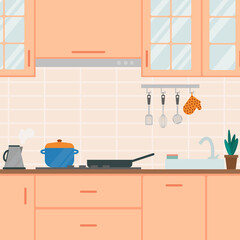 Cozy kitchen interior in peach shades, flat vector illustration. 