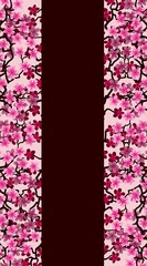 Vertical Floral greeting banner with beautiful pink blossom flowers branch Sakura.Burgundy Background with copy space on Cherry Twig In Bloom.Postcard good for wedding invitation,Mother,Women day.
