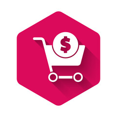 White Shopping cart and dollar symbol icon isolated with long shadow. Online buying concept. Delivery service. Supermarket basket. Pink hexagon button. Vector Illustration