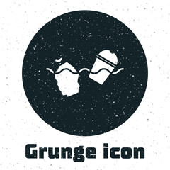 Grunge The problem of pollution of the ocean icon isolated on white background. The garbage, plastic, bags on the sea. Monochrome vintage drawing. Vector Illustration