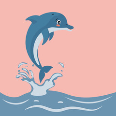 Cartoon cute dolphin jumps out of the water. Blue water with splashes and pink sky. Color vector illustration.