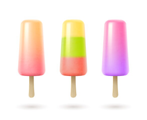 Fruit popsicle, colorful ice creams on wooden stick. Realistic frozen juice on white background