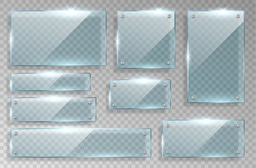 Set of realistic glass nameplates isolated on checkered background. Transparent panel frames
