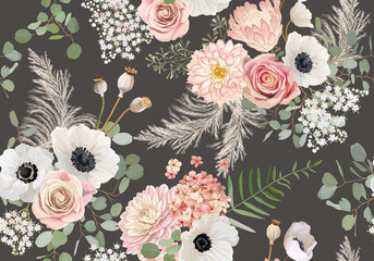 Rustic dried flowers pattern. Watercolor anemone, rose flower, eucalyptus leaves, pampas grass vector seamless
