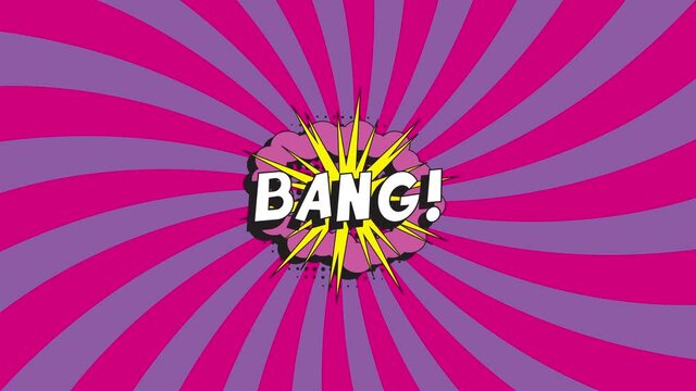 'BANG!' in retro comics speech bubble with halftone dotted shadow on an animated background with pink rays