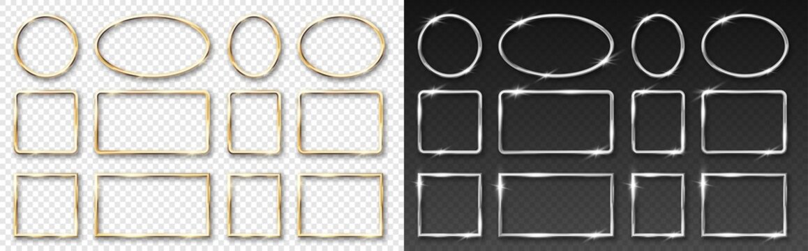 Gold and silver round frames set. 3d realistic geometric circle and rectangular border