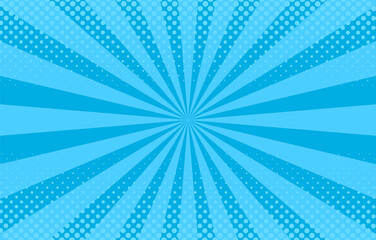 Pop art background. Comic pattern with starburst and halftone. Blue banner with dots and beams. Cartoon retro sunburst effect. Vintage sunshine texture. Funny superhero print. Vector illustration.