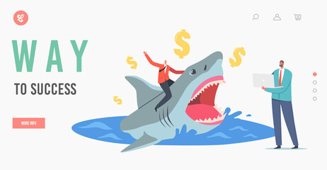 Way to Success Landing Page Template. Entrepreneur Character with Laptop, Brave Businessman Riding Huge Dangerous Shark