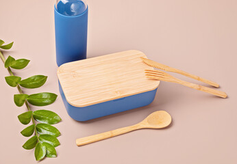 Zero waste kit for lunch, reusable bottle, box and bamboo cutlery. Sustainable lifestyle concept