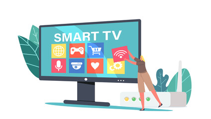 Modern Television Technology Smart Tv, Content, Applications Concept. Tiny Woman Put Multimedia Icons on Tv Screen