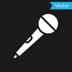 White Microphone icon isolated on black background. On air radio mic microphone. Speaker sign. Vector