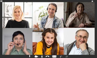 Fototapeta premium Family chatting distantly using video conferencing service. online virtual chat, relatives glad to see adorable child, enjoying group call