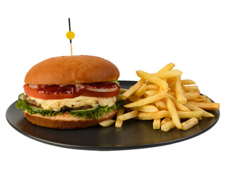 hamburger and french fries on a white isolated background