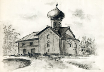 Vintage pencil sketch drawing on an old aged beige paper. Monochrome landscape with the ancient Church building in traditional architectural Russian style in the town of Pskov, Russia  - obrazy, fototapety, plakaty
