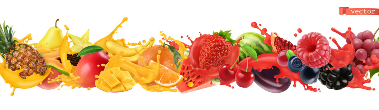 Fruit and berries burst. Splash of juice 3d realistic