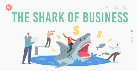 Shark of Business Landing Page Template. Brave Businessman Riding Huge Dangerous Shark with Frightened Characters around