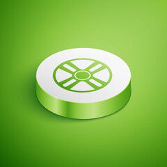 Isometric Alloy wheel for a car icon isolated on green background. White circle button. Vector