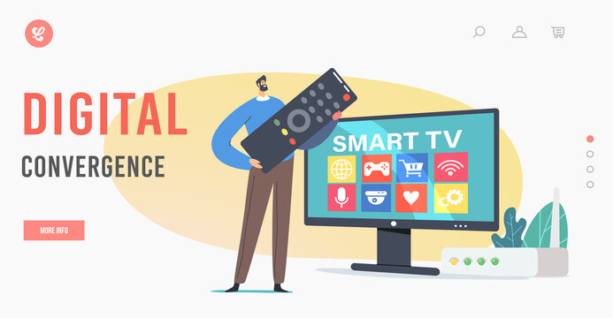 Digital Convergence Landing Page Template. Tiny Man with Huge Remote Control stand at Huge Television Set with Smart Tv
