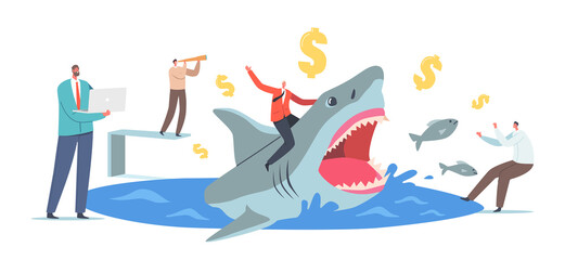Brave Businessman Riding Dangerous Shark with Frightened Characters around. Professional Entrepreneurs, Business Men
