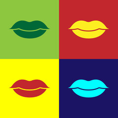 Pop art Smiling lips icon isolated on color background. Smile symbol. Vector
