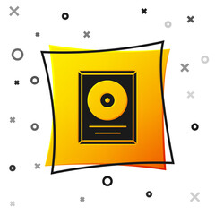 Black CD disk award in frame icon isolated on white background. Modern ceremony. Best seller. Musical trophy. Yellow square button. Vector