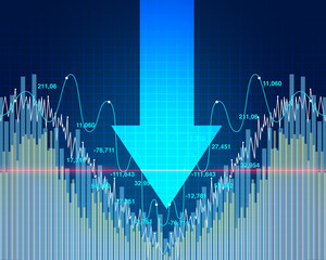 Stock market dip and economy decline or economic fear and financial equity selling as a downward arrow representing business recession - obrazy, fototapety, plakaty