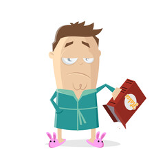 sad cartoon man with empty box of corn flakes