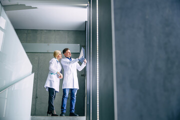 Woman doctor and surgeon examine x-ray film, diagnose patient's waist injury. Surgery and medical...