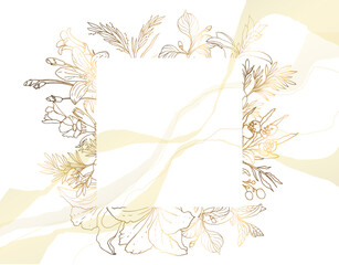 Gold frame with flowers. Luxurious square for invitation, wedding, certificate. Vector file on a white background.