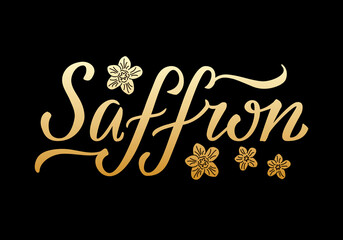 Vector illustration of saffron lettering for packages, product design, banner, spice shop  price lists. Handwritten word with flowers for web or print
