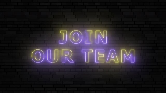 'JOIN OUR TEAM' violet and yellow neon border lines title animation. Simple seamless loop animated text. 4k typography motion graphic