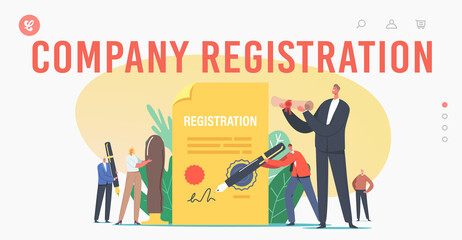 Company Registration Landing Page Template. Tiny Characters Signing Huge Paper. Business Start Up Form, Brand Identity