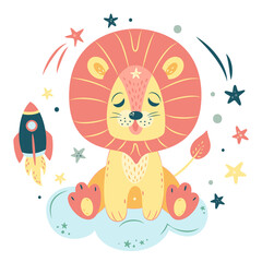 Nursery Vector illustration in cartoon style. Cute lion sleeping on cloud, rocket and stars. For baby room, baby shower, greeting card, textile print. Hand drawn nursery