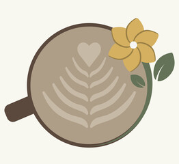 Flat simple symbol icon nature logo of coffee cup cappuccino and bloom flower and leaves. Vector design. Colour modern style icon for infographics, web design, templates isolated. 