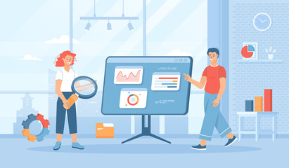 Data Analysis and Analytics. Analysts research business statistics on charts. Business process for banner, website design, landing web page. Flat cartoon vector illustration with people characters.