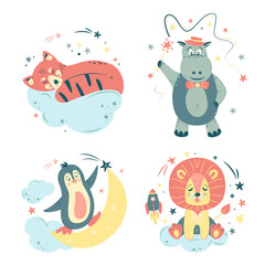 Set of cute nursery vector illustration in cartoon style. Penguin rides on the moon; red panda sleeps on cloud; hippo; lion with rocket. For baby room, baby shower, greeting card.