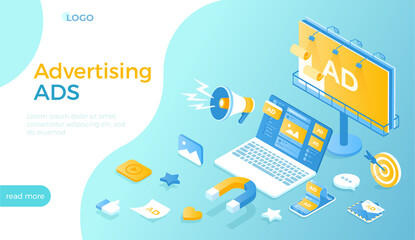 Fototapeta na wymiar Advertising campaign. Promotion of goods and services using Outdoor Advertising, Internet ads, Direct marketing. Photo video ad in social networks, spam, billboard. Isometric vector illustration 