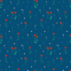 Seamless texture pattern with wildflowers on a dark blue background. Red poppies, cornflowers, chamomiles. Stylized summer hand-drawn flowers. Textile, fabric pattern, wrapping paper templat