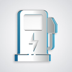 Paper cut Electric car charging station icon isolated on grey background. Eco electric fuel pump sign. Paper art style. Vector