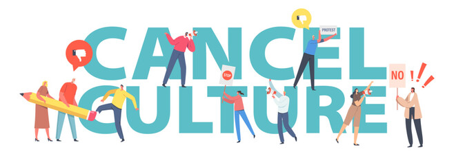 Cancel Culture Ban Concept. Characters Erasing Person with Huge Pencil Eraser, Tiny Activists with Loudspeaker