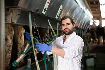 Obraz na płótnie Canvas Portrait of experienced owner of dairy farm preparing for machine milking of cows