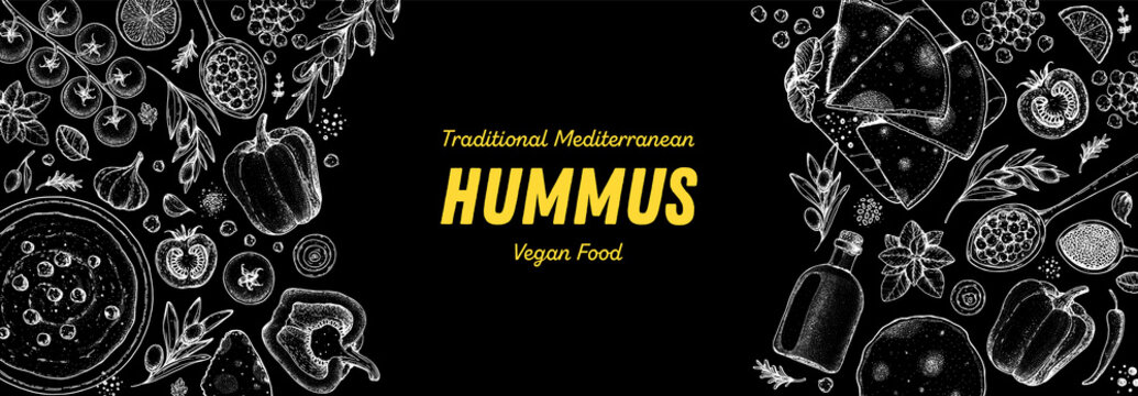 Hummus cooking and ingredients for hummus, sketch illustration. Middle eastern cuisine frame. Healthy food, design elements. Hand drawn, package design. Middle eastern food.