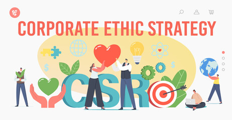 Obraz na płótnie Canvas Corporate Ethic Strategy Landing Page Template. Tiny Characters Csr, Social Responsibility, Ethical and Honest Business